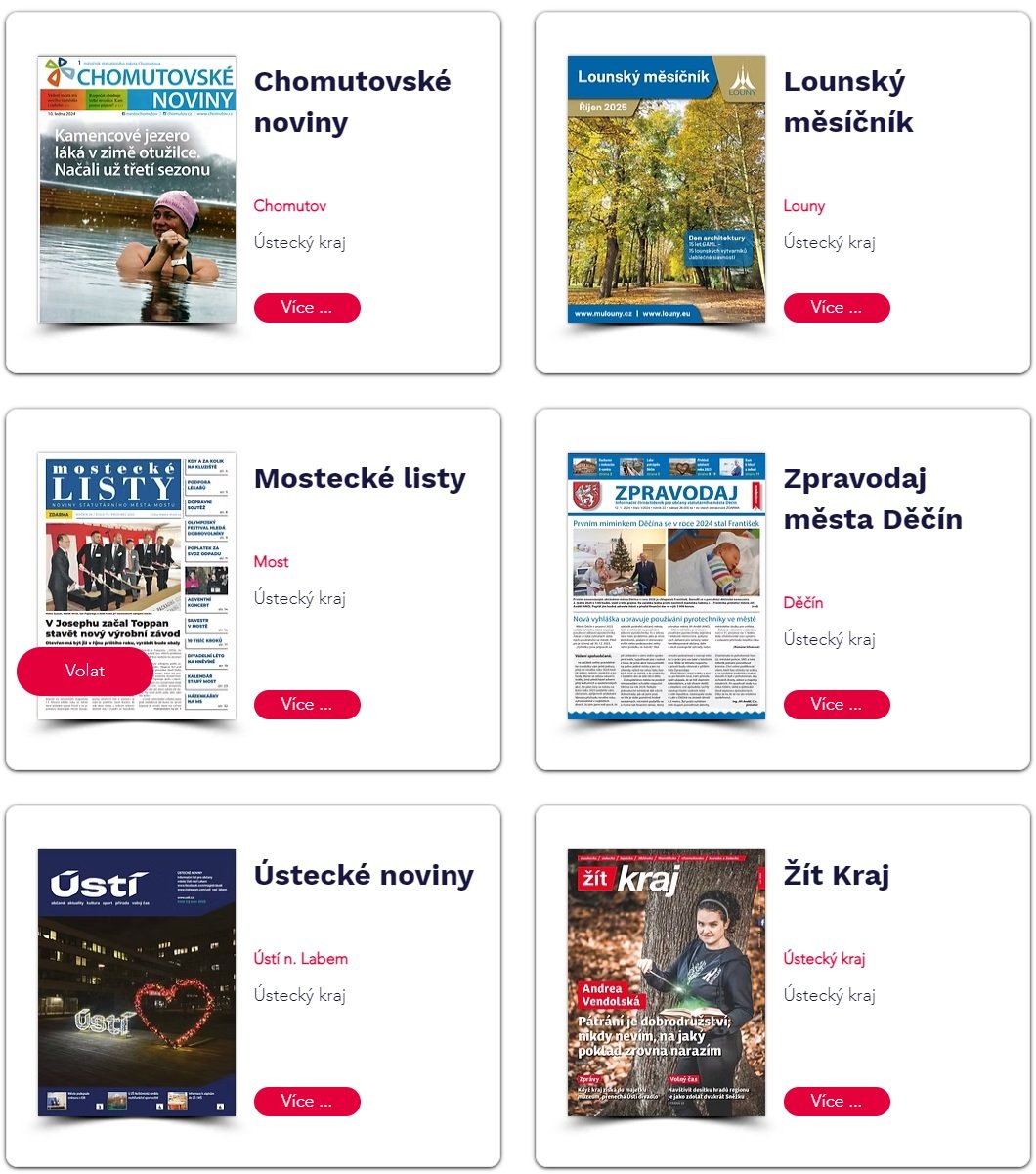 Kromě Ústeckých novin vydává Regionální vydavatelství i další lokální periodika pokrývající různé části Ústeckého kraje. Díky nim získáte přehled o dění ve vašem městě i okolí — nejen z Ústí nad Labem. Naše další tituly v kraji zahrnují: Chomutovské noviny — zprávy a aktuality z Chomutova a okolí Lounský měsíčník — měsíční přehled dění v Lounsku Mostecké listy — informace z Mostecka Zpravodaj města Děčín — novinky z Děčína Žít Kraj — regionální magazín pro celý Ústecký kraj Žít Teplice — lokální noviny pro Teplice